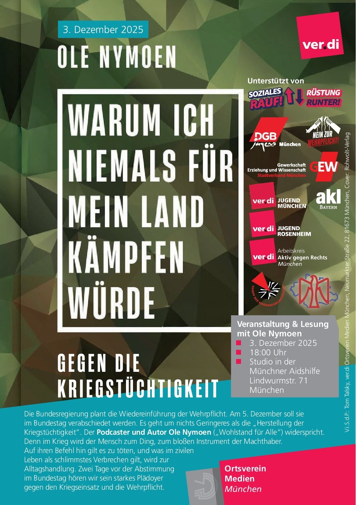 03.12.2025, 18:00 – Studio in der Münchner Aidshilfe, Lindwurmstr. 71, München

Lesung mit Ole Nymoen: Warum ich niemals für mein Land kämpfen würde